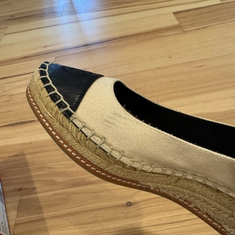 Tory Burch Beige Canvas Espadrille Flats with Black Toe Caps